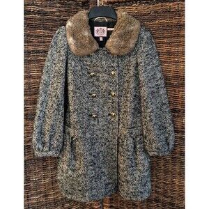Juicy Couture Wool Faux Fur Herringbone Tweed Double Breasted Coat Kids Girls 12